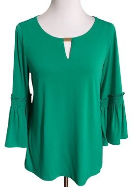 Dana Buchman Emerald Green Keyhole Bell Sleeve Top